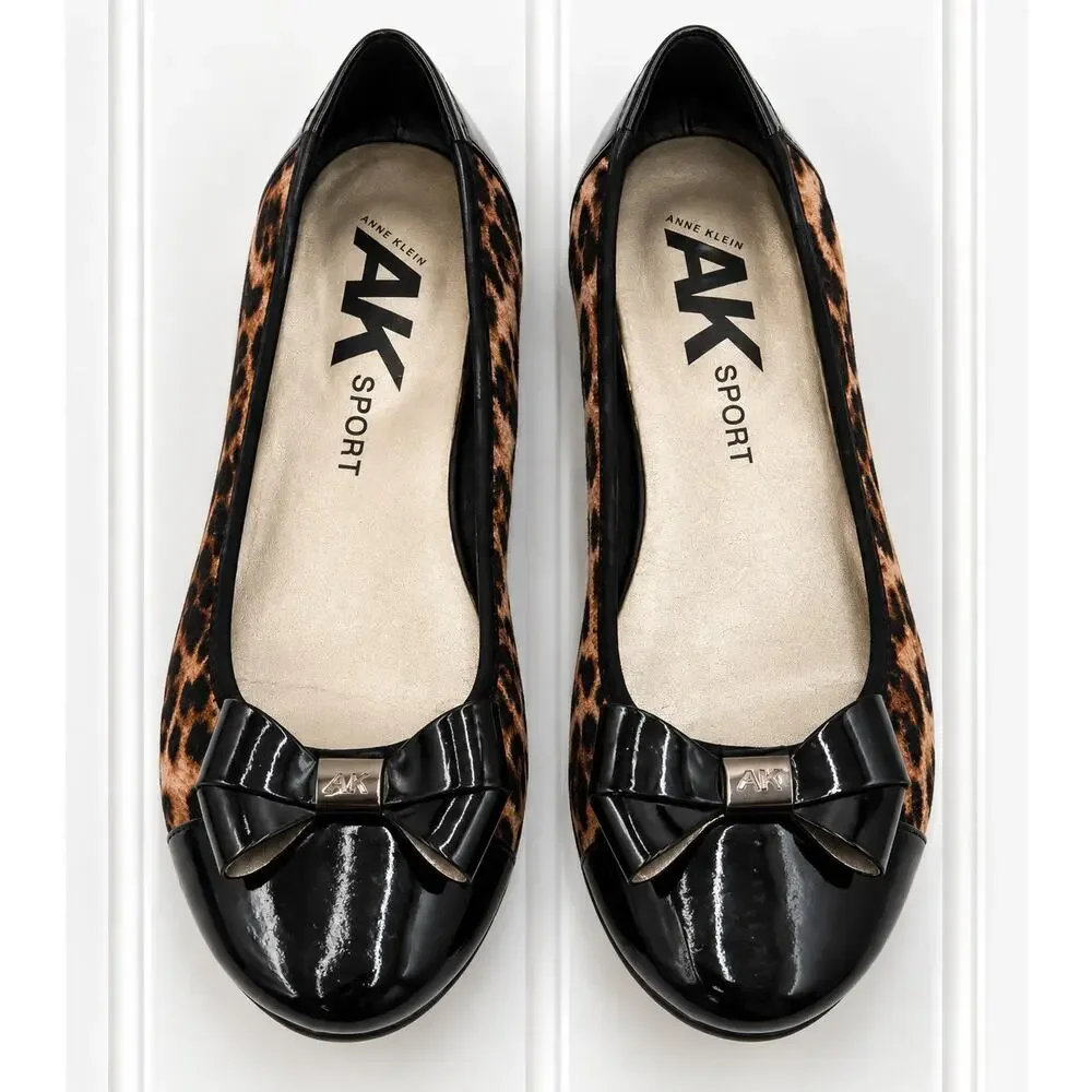 Anne Klein Sport AKALPHA Flats 10M Leopard Black Patent Bow Ballet Shoes